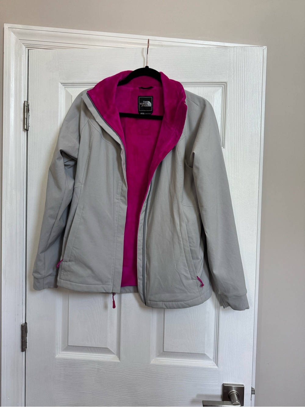 The North Face Light Gray Ski Jacket with Bright Pink Fleece